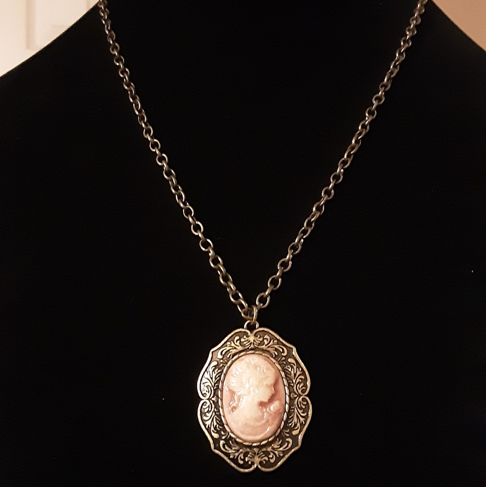 Hand Crafted Cameo Necklace Victorian Pink Bronze 20" Long Chain